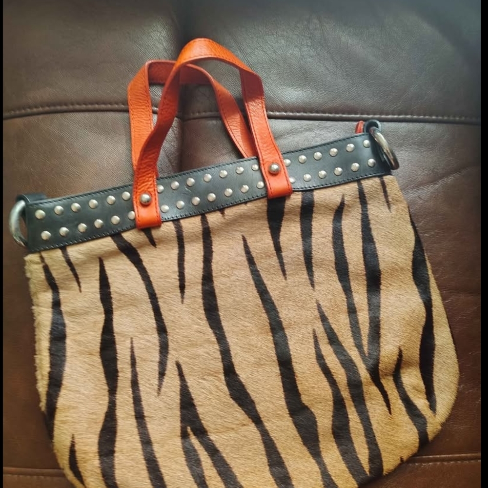 Animal Print Tote Bag with Orange Handles